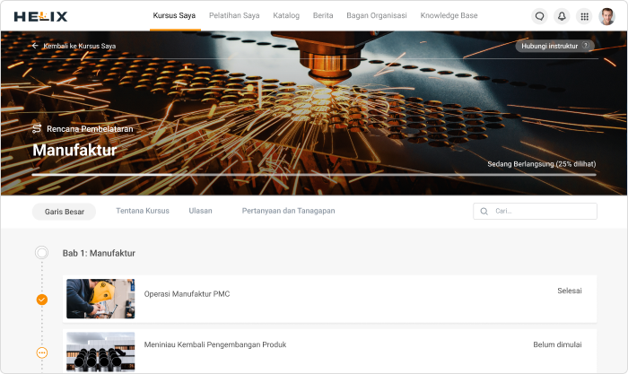 Screenshot antarmuka iSpring Learn LMS, menampilkan rencana pembelajaran yang dapat disesuaikan dan struktur kursus.
