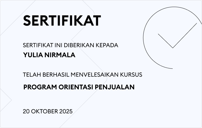 Contoh sertifikat penyelesaian pelatihan dengan desain profesional dan kolom yang dapat disesuaikan.