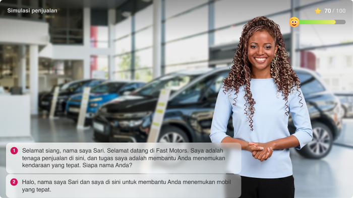Screenshot simulasi percakapan layanan pelanggan yang menampilkan interaksi karakter dan opsi respons.